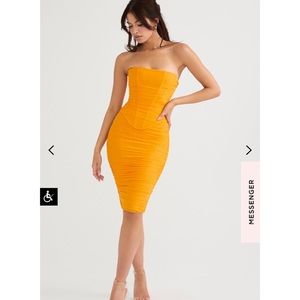House of CB Julianna Tangerine Strapless Ruched Midi Dress